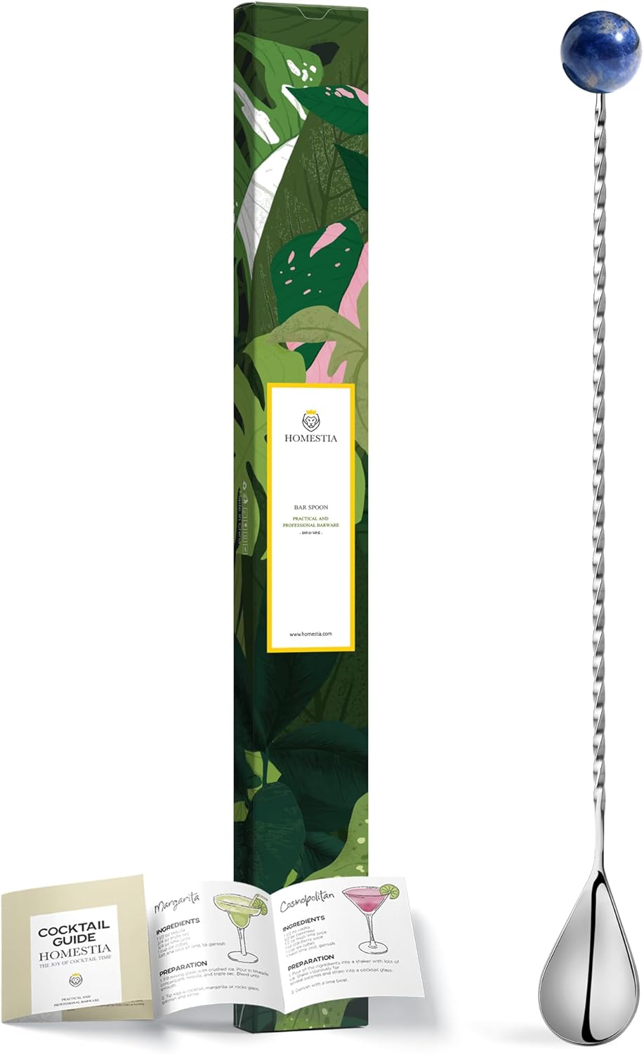 Homestia 12-Inch Natural Gemstone Bar Spoon, 304 Stainless Steel Cocktail Spoon for Layering Long Spiral Handle Mixing Spoon Stirrers for Drink (Blue)