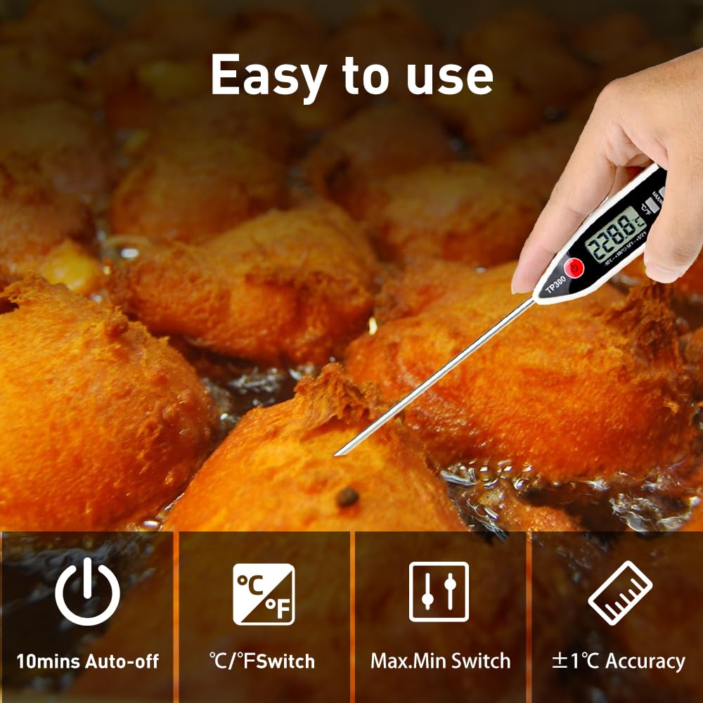 Wisebee Digital Meat Thermometer, Instant Read, ℃/℉ Switch, Long Stainless Steel Probe, Battery Powered, Food Thermometer for Cooking, Baking, Steak, Grilling and Frying (White)