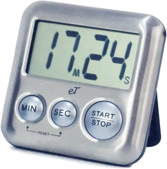 Elegant Digital Kitchen Timer Stainless Steel - Silver - Strong Magnetic Back - Kickstand - Loud Alarm - Large Display - Auto Memory - Auto Shut-Off - Model eT-26 (Silver) by eTradewinds
