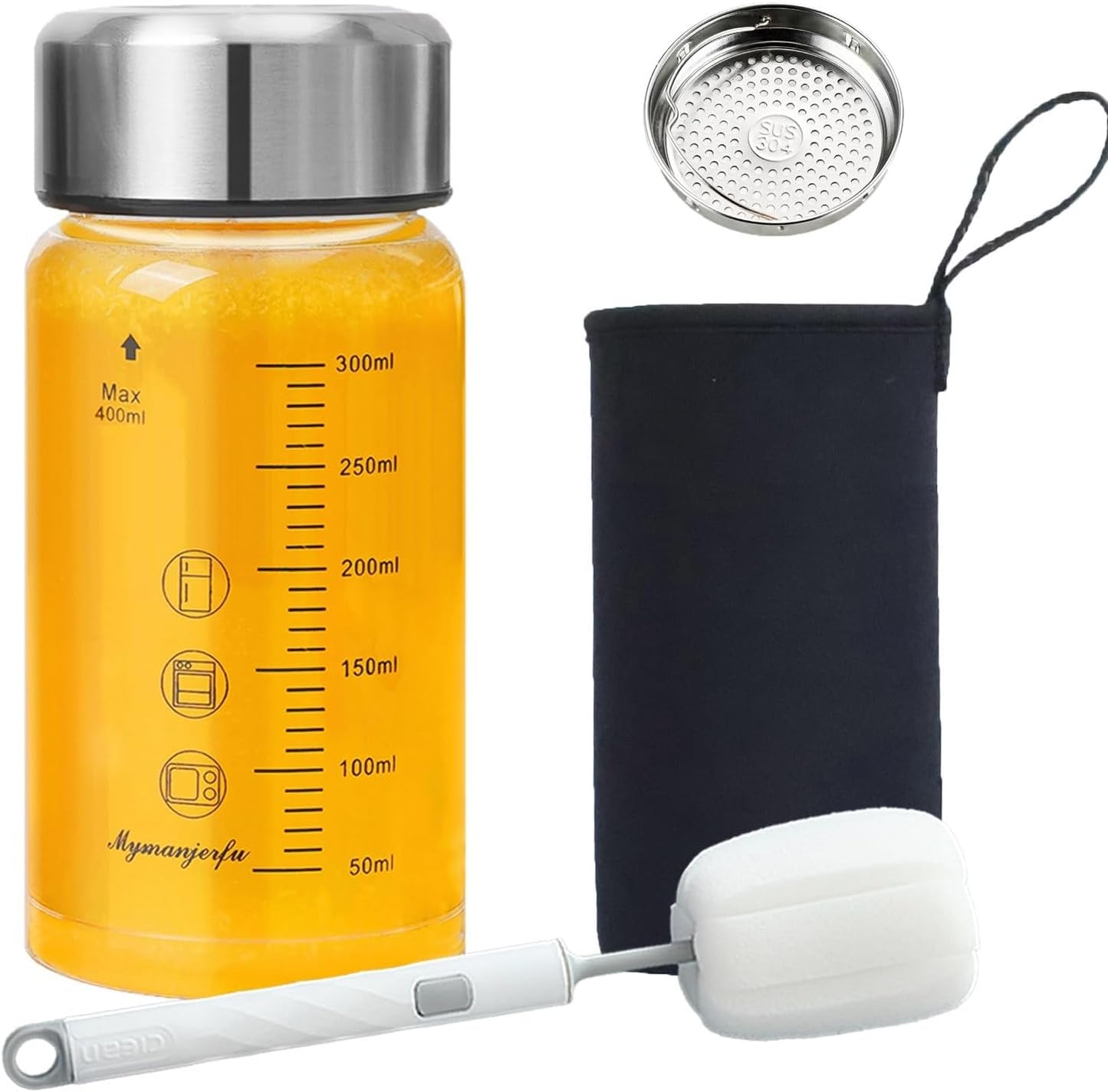 Glass Juice Bottles 12 oz - Wide Mouth Glass Water Bottles with Lids and Sleeve- for Juicing, Smoothies, Milk, Protein, Reusable, Stainless Steel Lids, Leak Proof, Shaker bottle (12oz/400ml)