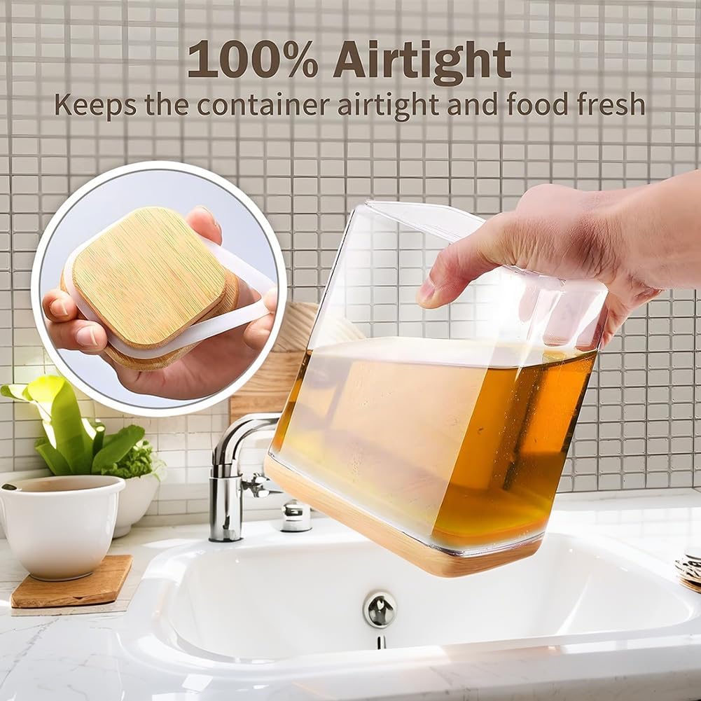 Square Storage Containers with Airtight Lids, Clear Food Storage Container Jar with Sealing Bamboo Lid for Noodles Flour Cereal Rice Sugar Tea Coffee Beans