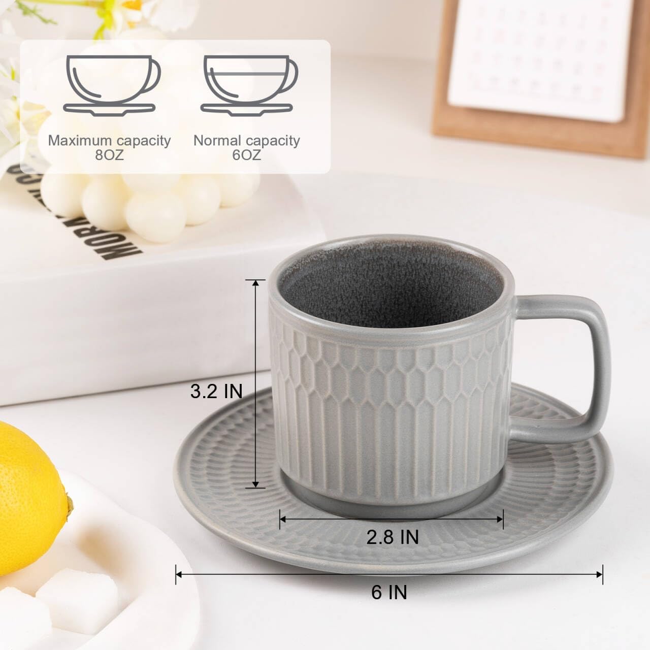 Large Cappuccino Cups with Saucers Set of 4, 8 Ounce Stackable Embossed Ceramic Coffee Mugs for Specialty Coffee Drinks, Latte, Cafe Mocha and Tea, Dishwasher & Microwave Safe (Grey)