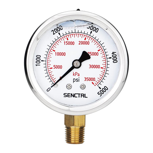 SENCTRL 5000 Psi Glycerin Liquid Filled Hydraulic High Pressure Gauge, 2.5" Dial Size, 1/4" NPT Lower Mount, Stainless Steel Case, for Air Gas Water Oil Pressure Test