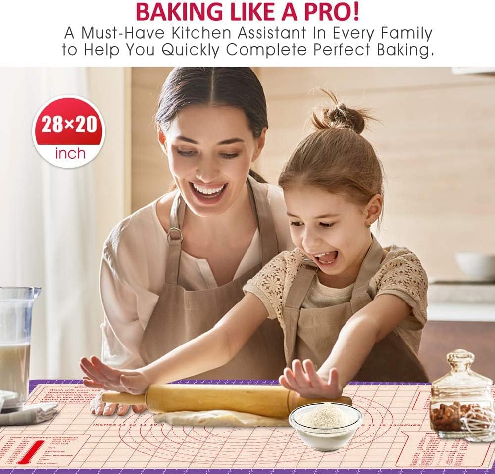 Pastry Baking Mat 28x20 Inch - Larger Silicone Baking Pastry Mat for Rolling Dough,Non Silp Silicon Dough Sheet Mat with Measurement,Perfect for Making Pie,Pizza(Purple)