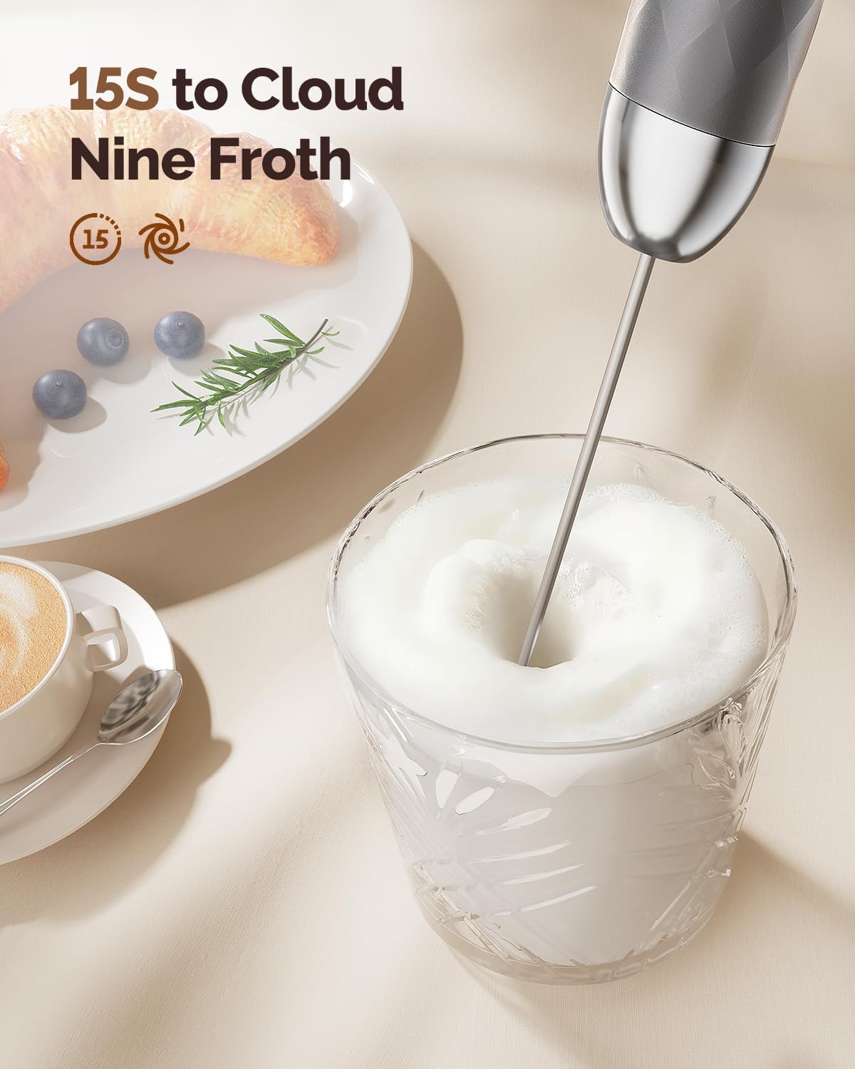 Maestri House Rechargeable Milk Frother with Stepless Speed Control, LunaFro 2.0 Handheld Electric Foam Maker Waterproof Drink Mixer Foamer for Lattes, Cappuccino