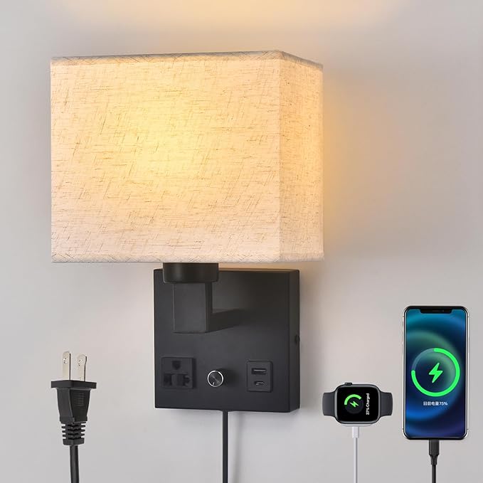 Bedside Wall Lamp for Bedroom, Plug in Wall Sconce by CNMYKYDS