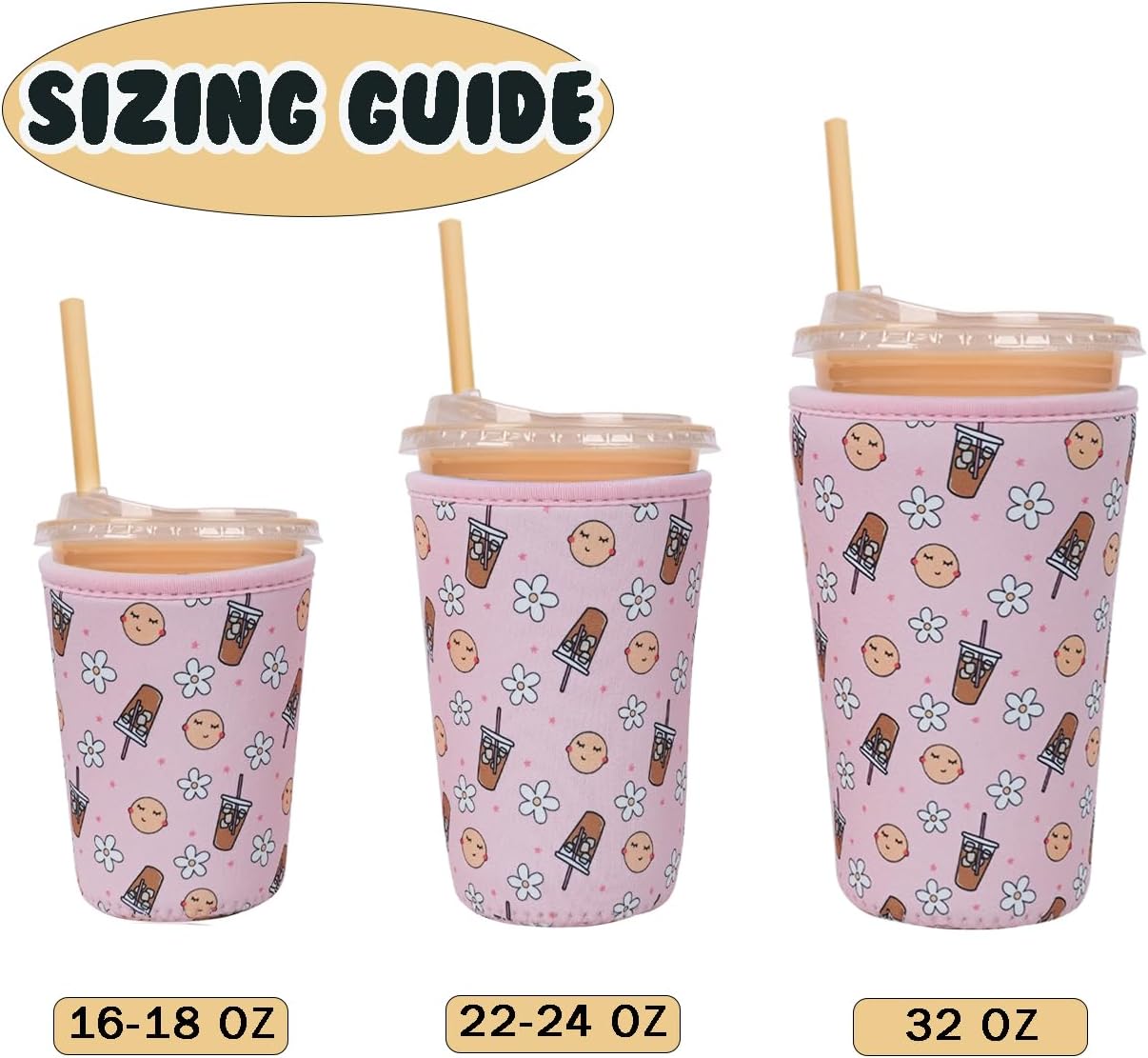 Reusable Insulated Neoprene Iced Coffee Cup Sleeve, Durable Drink Sleeve for Cold Beverages, Beverage Holder for Iced Coffee, Pink Coffee