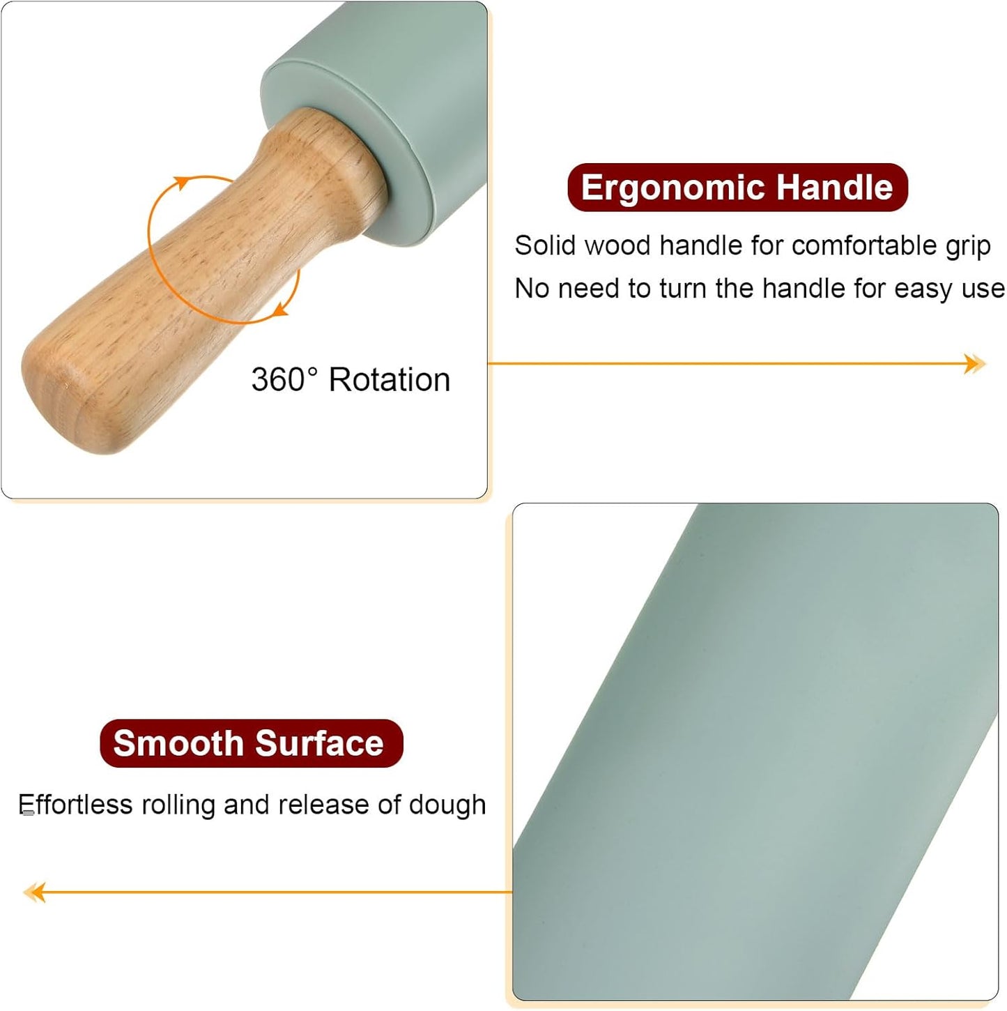 HARFINGTON Silicone Rolling Pins for Baking 17 Inch Wooden Handle Non Stick Rolling Pin Small Roller Playdough Rolling Pins for Dough Pizza Pastry Fondant Kitchen, Dark Green