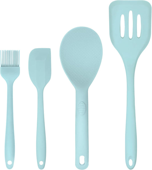 Silicone Utensils 4-Piece Set – Rubber Spatula, Pastry Brush, Slotted Turner, and Rice Paddle – Complete Heat-Resistant Set for Non-Stick Cookware – Kitchen Tools for Cooking and Baking – Pastel Blue