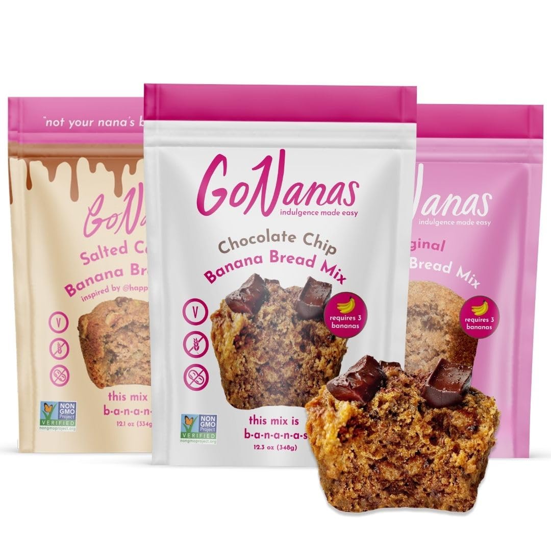 GoNanas Banana Bread Mix Variety Pack. Vegan, Gluten Free Healthy Snacks. Oat Flour Banana Bread or Banana Muffin Mix. Women Owned, US Ingredients, Dairy Free, Nut Free, Delicious Snacks (3 Pack)