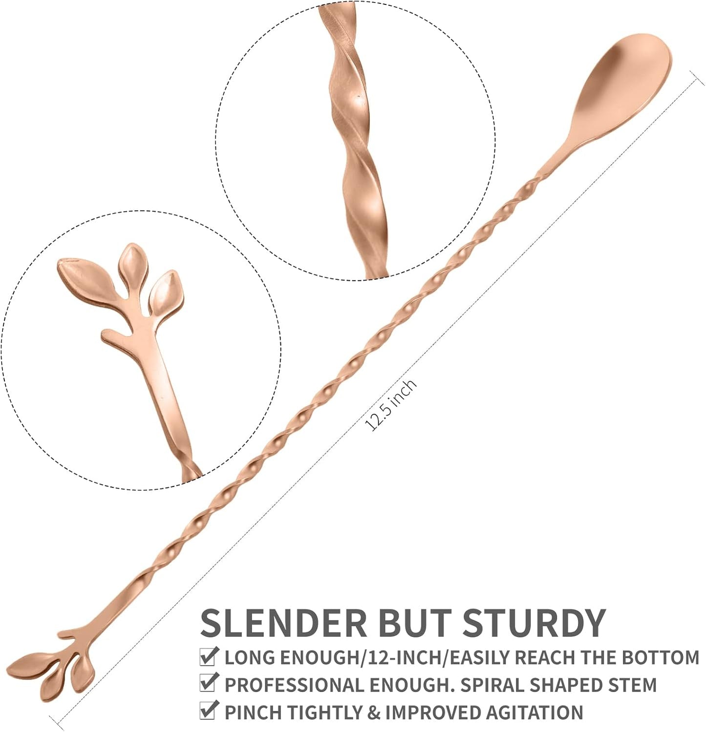 AnSaw Rose Gold 12-Inch Stainless Steel Cocktail Spoon with Leaf Handle - Perfect for Mixing & Layering Drinks in Tall Cups, Bar & Shakers - Durable Long Handle Bar Stirrer,1-Pieces
