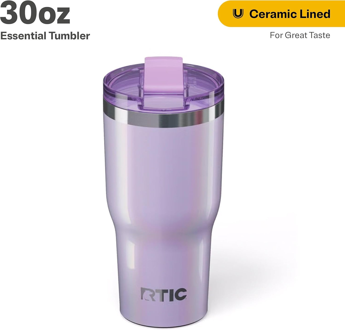 RTIC 30oz Essential Tumbler with Lid, Insulated, Stainless Steel, Metal, Double Wall Vacuum-Insulation, Ceramic Lined, Travel Cup for Iced Coffee, Tea, Hot and Cold Drink, Lavender Glitter