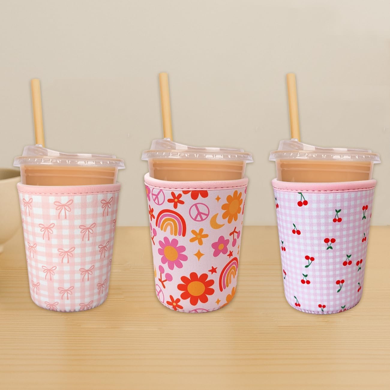 Reusable Insulated Neoprene Iced Coffee Cup Sleeve, Durable Drink Sleeve for Cold Beverages, Beverage Holder for Iced Coffee, Pink Cherry