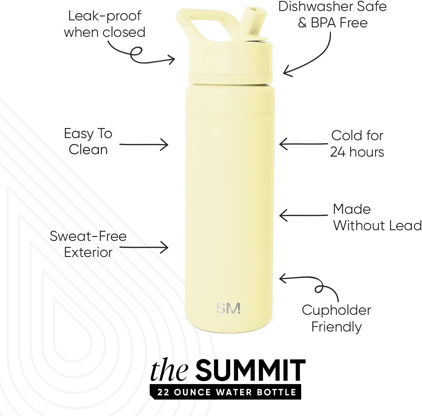 Simple Modern Water Bottle with Straw Lid | Vacuum Insulated Stainless Steel Metal | Reusable Leak Proof BPA-Free Cup for School | Summit Collection | 22oz, Buttercup