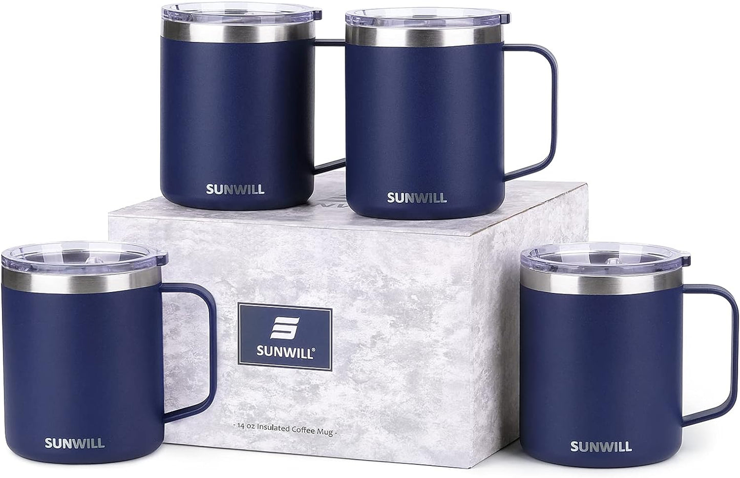 SUNWILL Travel Coffee Mugs Set of 4, Insulated Tumbler with Lid, 14oz Stainless Steel Cup with Handle Bulk for Gift, Camping, Office, Powder Coated Navy Blue
