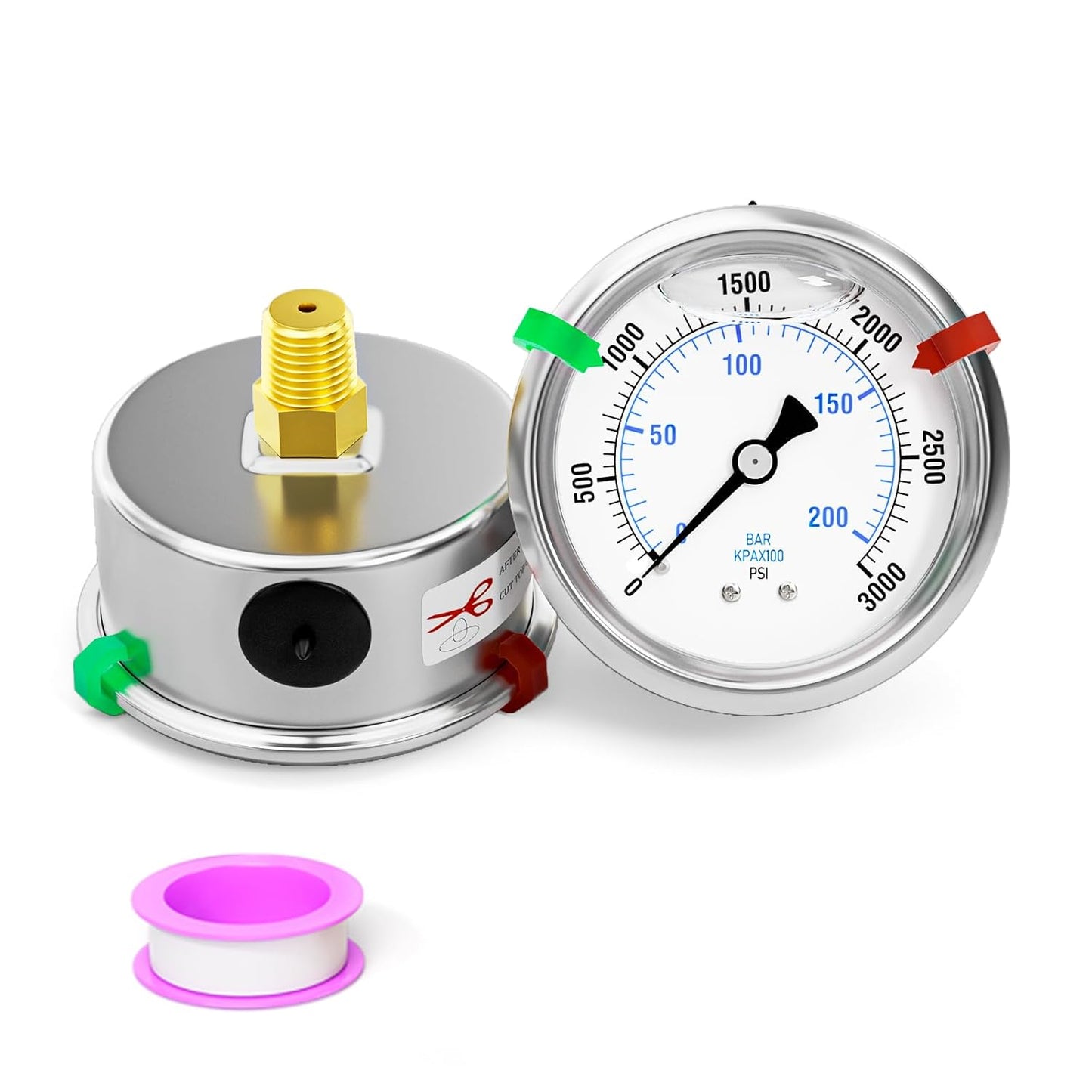 0-3000psi Stainless Steel Glycerin Liquid Filled Pressure Gauge 1/4" NPT 2.5" Face Dial Center Back Mount, for Water, Oil and Air Pressure Testing (with Range Mark Pointer)