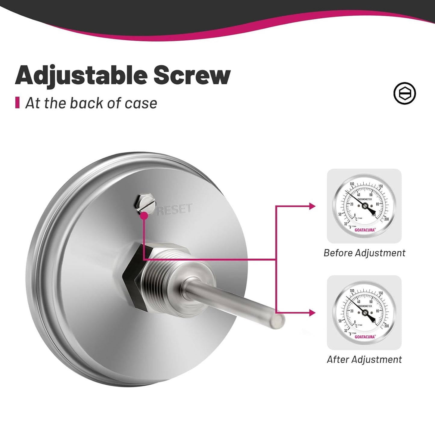 Dial Thermometer for Brewing, 304 Stainless Steel Case and Probe, 3" Dial Size, 2" Stem Length, 32-212 Deg F/0-100 Deg C, 1/2" NPT Back Mount