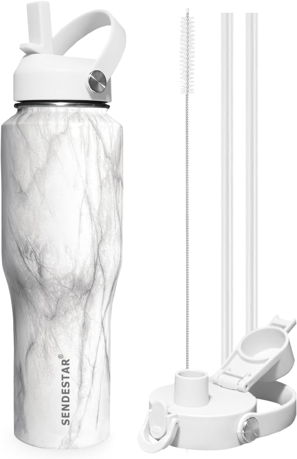 SENDESTAR 32oz Water Bottle Wide Mouth Stainless Steel Vacuum Insulated Double Wall with 2 Straw Lids Fit in Any Car Cup Holder TXIN-32-Marbling