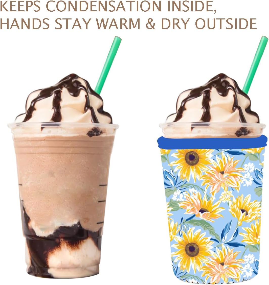 Reusable 3-Pack Iced Coffee Cup Sleeve, Insulated Neoprene, Beverage Holder for Iced Coffee, Durable Drink Sleeve for Cold Beverages, Sunflower Smile