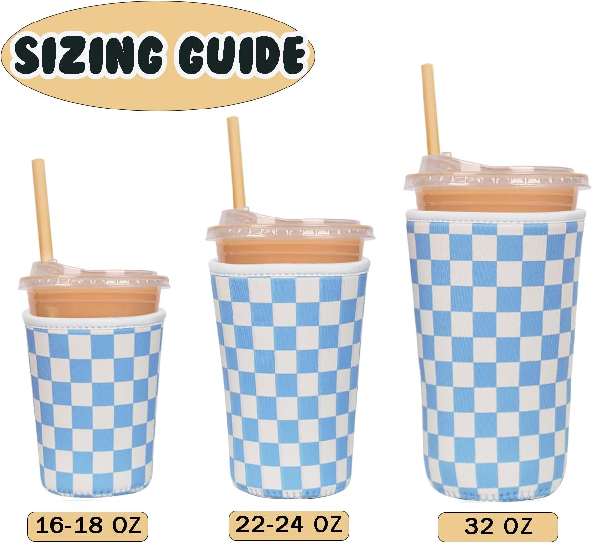 Reusable Insulated Neoprene Iced Coffee Cup Sleeve, Durable Drink Sleeve for Cold Beverages, Beverage Holder for Iced Coffee, Blue Grid