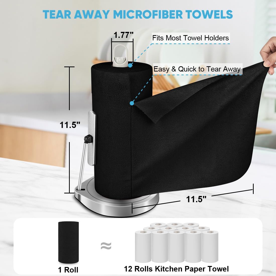 AIDEA Microfiber Cleaning Cloth Roll, 50PK, Black Microfiber Towels for Cars, Reusable Paper Towels Tear Away Cloth, Shop Rags, Lint Free Cleaning Rags for House, Kitchen, Window, 11.5"×11.5"