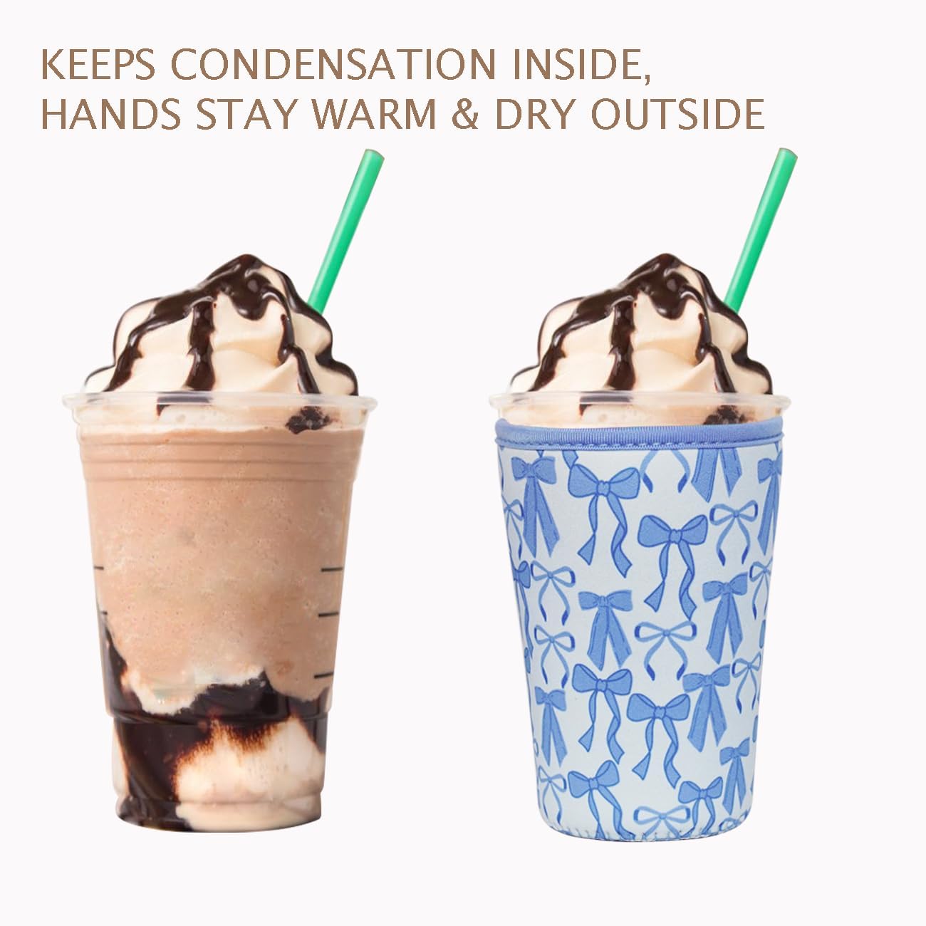 Reusable Insulated Neoprene Iced Coffee Cup Sleeve, Durable Drink Sleeve for Cold Beverages, Beverage Holder for Iced Coffee, Blue Bows