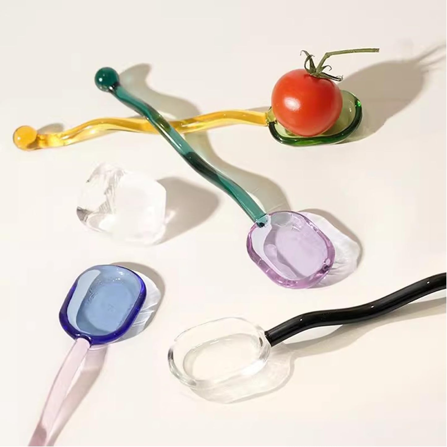 5 Pieces Glass Spoons, Creative Colored Transparent Coffee Milk Glass Dessert Stirring Spoon Curved Handle Tools for Tea Sugar Home Bar Party (Square)