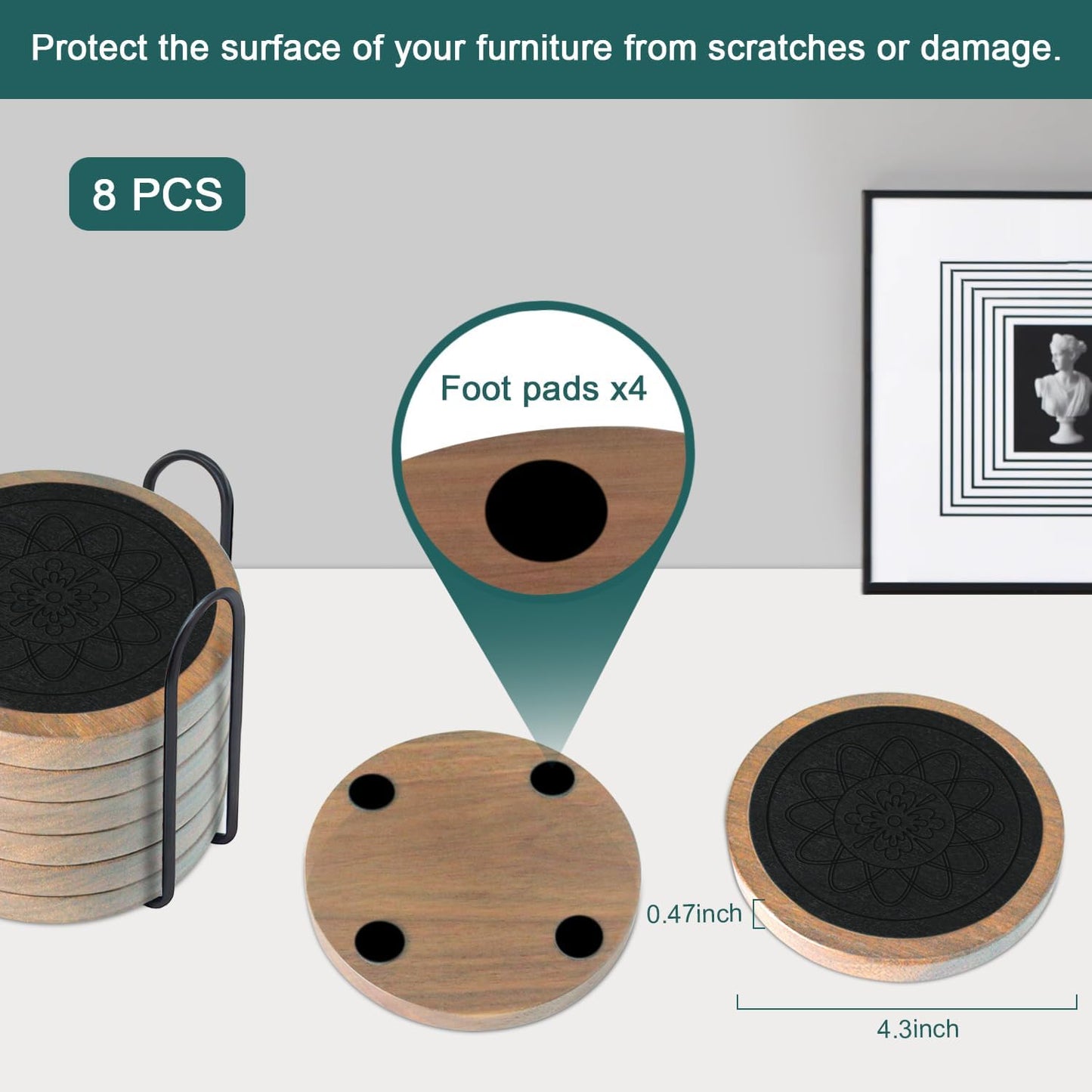 Wood Coasters for Drinks Set of 8, Minacun Absorbent Coaster, Drinks Coasters for Coffee Tabletop Protection, Non-Slip, Non-Stick, Suitable for Kinds of Cups Wooden Table Drink, 4.3 Inch Black