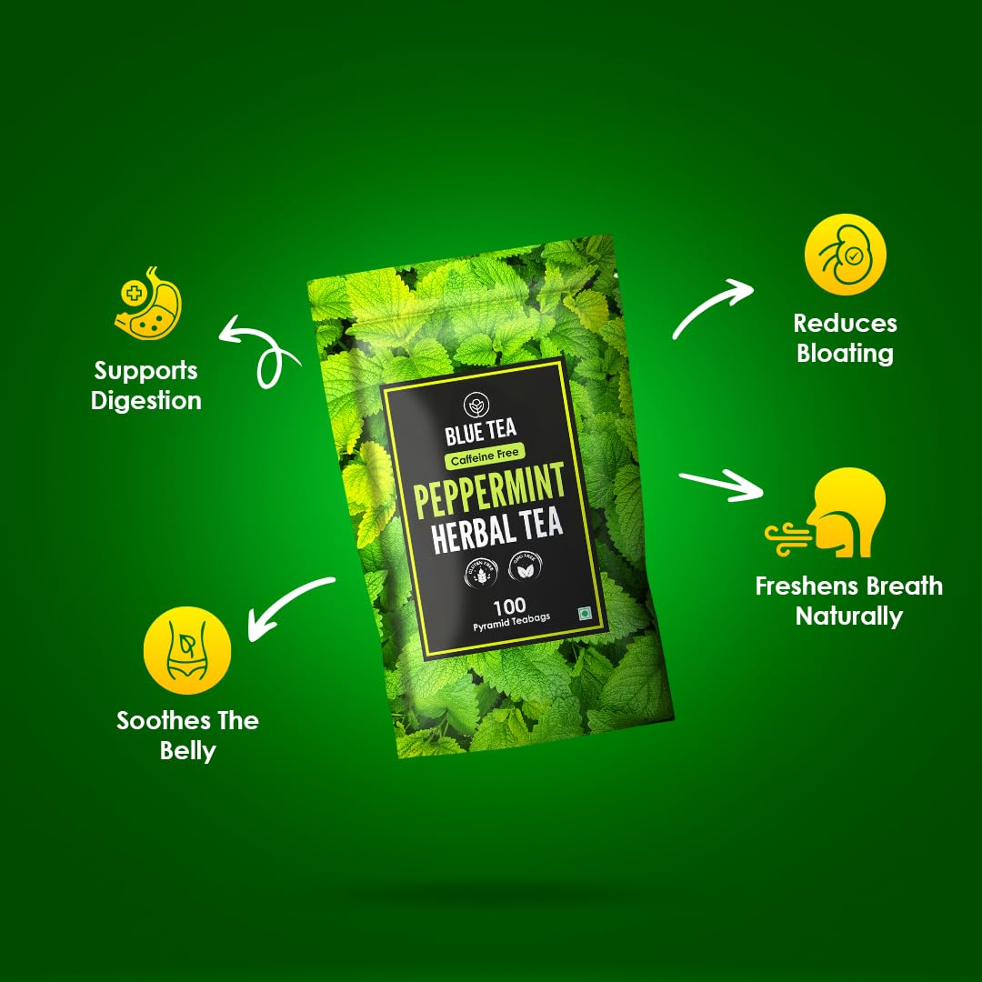 BLUE TEA - Peppermint Tea - 100 Count - Plant Based Tea Bag | SUPPORTS DIGESTION | Antioxidant Rich | Fresh & Cool Minty Flavour | Caffeine Free - Herbal Tea - Non-Bitter - Leaf Based | Ziplock Pack