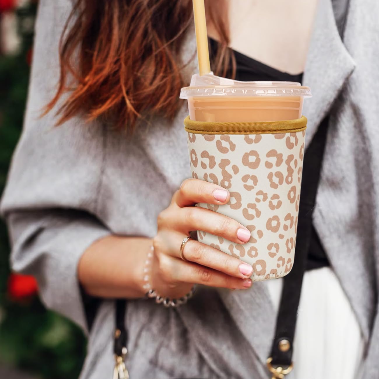 Reusable Insulated Neoprene Iced Coffee Cup Sleeve, Durable Drink Sleeve for Cold Beverages, Beverage Holder for Iced Coffee, Leopard Grace