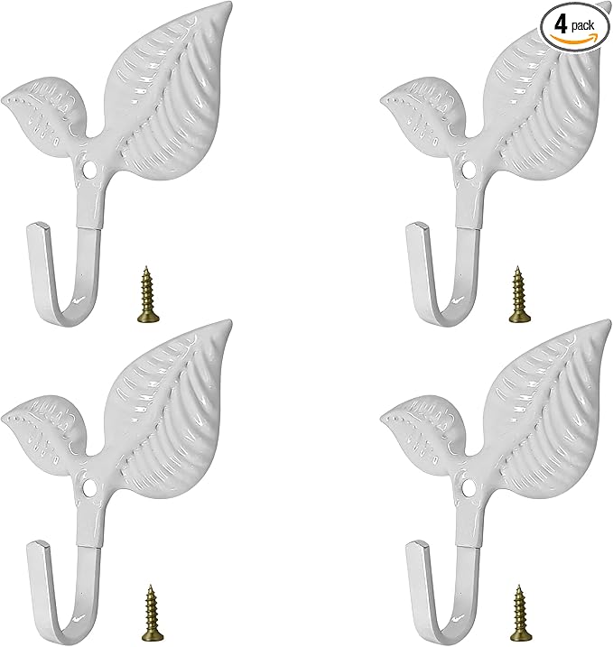 Set of 4 Vintage Leaf Wall Hooks White Metal Coat Hooks Heavy Duty Decorative by Unknown