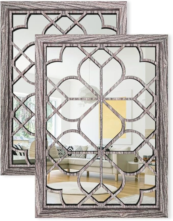 Set of 2 19x26 Inch Large Brown Shatterproof Rectangular Wall Mirrors, Boho by HMANGE