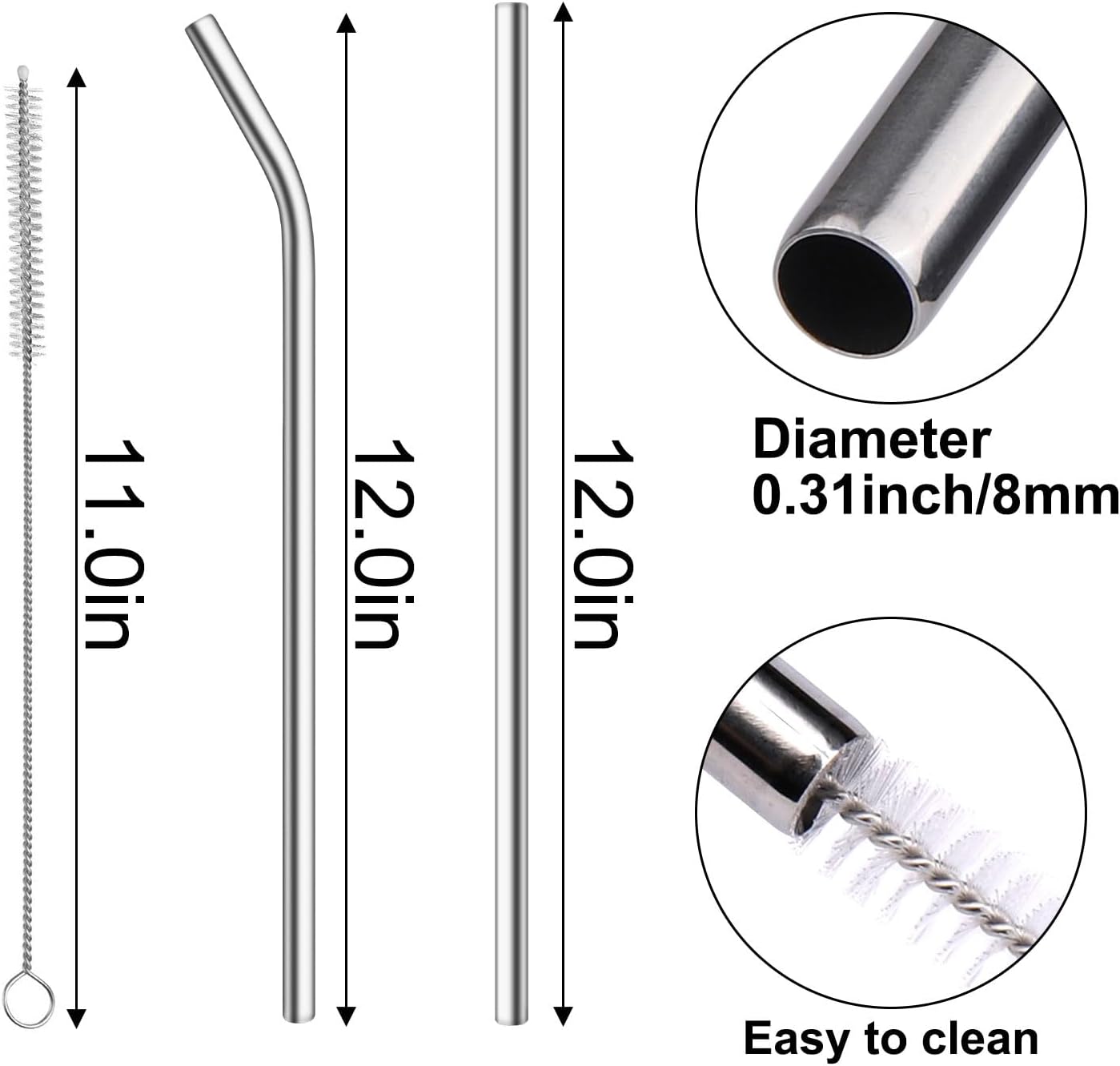 AIERSA Metal Straws for 40oz Tumbler Replacement,12 Inch Reusable Stainless Steel Straw Compatible Stanley Cup, 6pcs Large Straws with Cleaning Brush for Stanley Cup Accessories