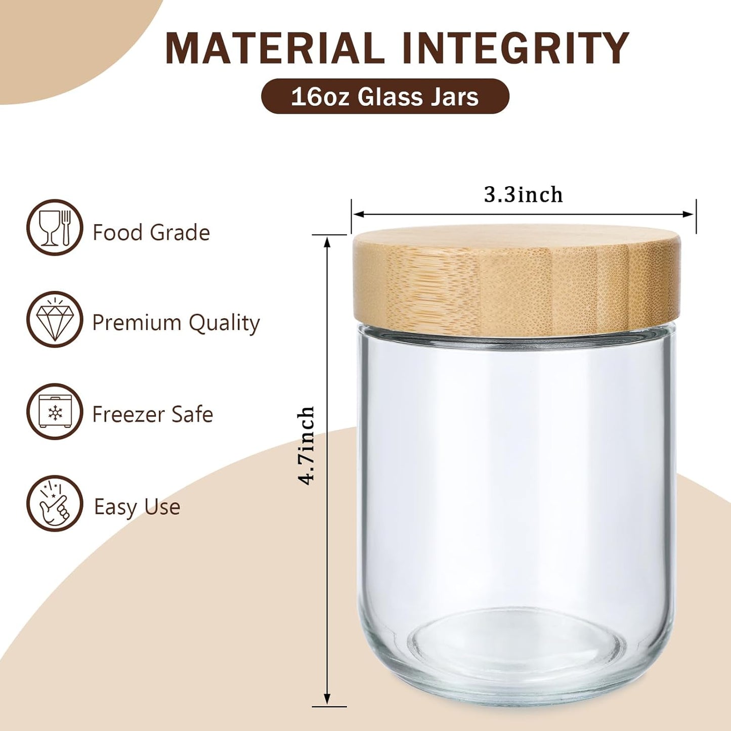 OcePor 6 Pack 16oz Glass Jars with Bamboo Lids, Over Night Oats Container with Airtight Lid, Glass Snack Storage Salad Jars For Food, Yogurt, Sugar and Flour,Coffee Bean, Cookie, Cereal