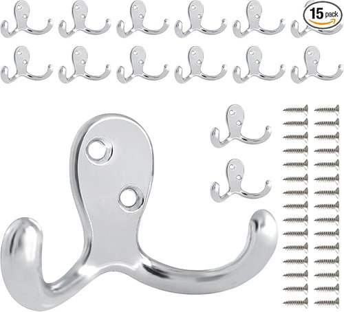 15 Pack Coat Hooks Wall Hooks for Hanging, Heavy Duty Double Prong Metal Hook by CBWLWJ