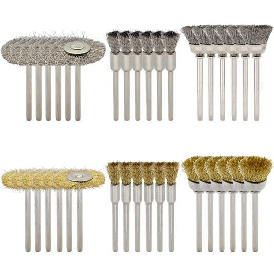 36-Piece Wire Brush Set - Metal Rust Removal, Polishing, Cleaning - Shaft 1/8″ (3mm) - Removes Burrs, Dust, and Oxide Layer - Handles Rough Surfaces - Designed for Industrial and DIY Enthusiasts