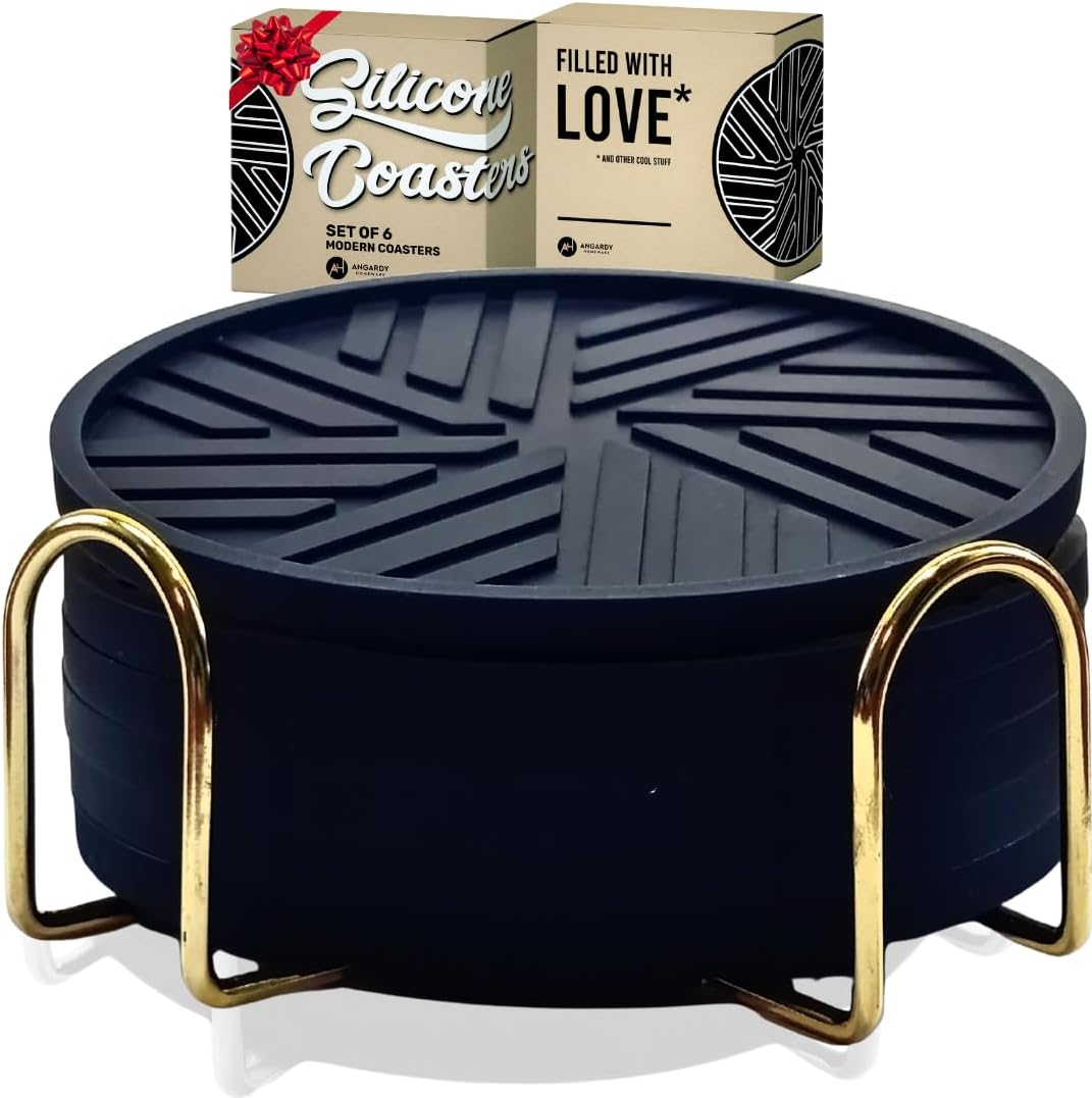 Silicone Black Coasters Set of 6 with Gold Holder - Coffee Table Decor for Home and Office, Durable and Stylish Coaster Set for Protection and Aesthetic Appeal