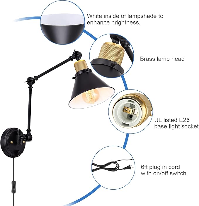 TRLIFE Plug in Wall Sconces, Dimmable Wall Sconce Swing Arm Wall Lights Plug in - Image 4