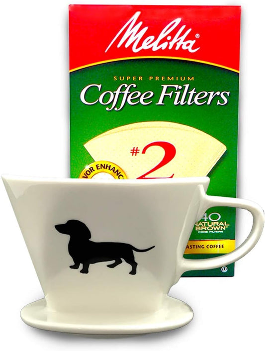 Simply Charmed Dachshund Ceramic Coffee Pour Over or Dripper with Full Box of 40 Melitta Brown Size #2 Filters