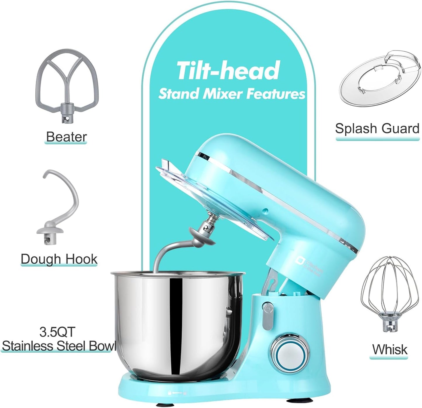 Kitchen in the Box Stand Mixer, 3.5 QT Small Electric Kitchen Mixer, 10-Speed Portable Lightweight Food Mixer with Stainless Steel Bowl, Egg Whisk, Dough Hook, Beater (Sky Blue)