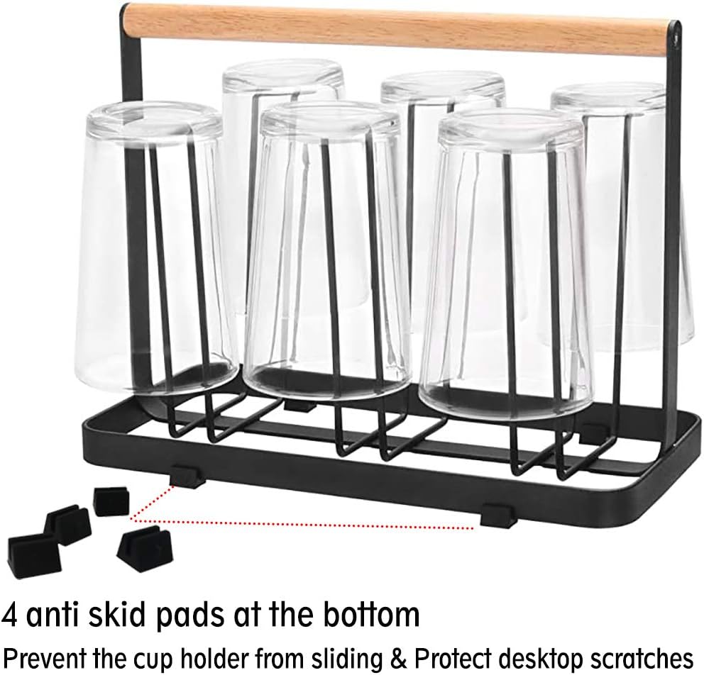 Cup Drying Rack Stand,Beer Glasses Rack 6 Cup Metal Drainer Holder Rack Non-Slip Mugs Cups Organizer with Wood Handle, Black
