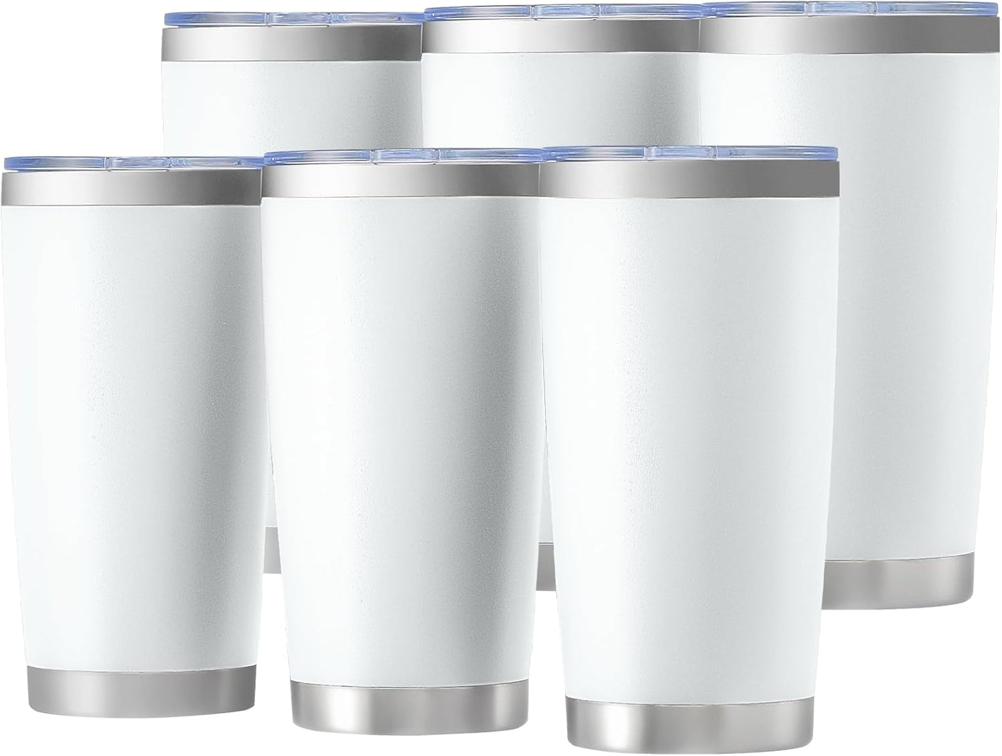 OMTech 20oz Tumblers Bulk, 6pc Stainless Steel Tumbler Set with Lid & Straw, Double Wall Vacuum Insulated Mug for Laser Engraver, Travel Coffee Mug for Hot & Cold Drinks, White Powder Coated Cup