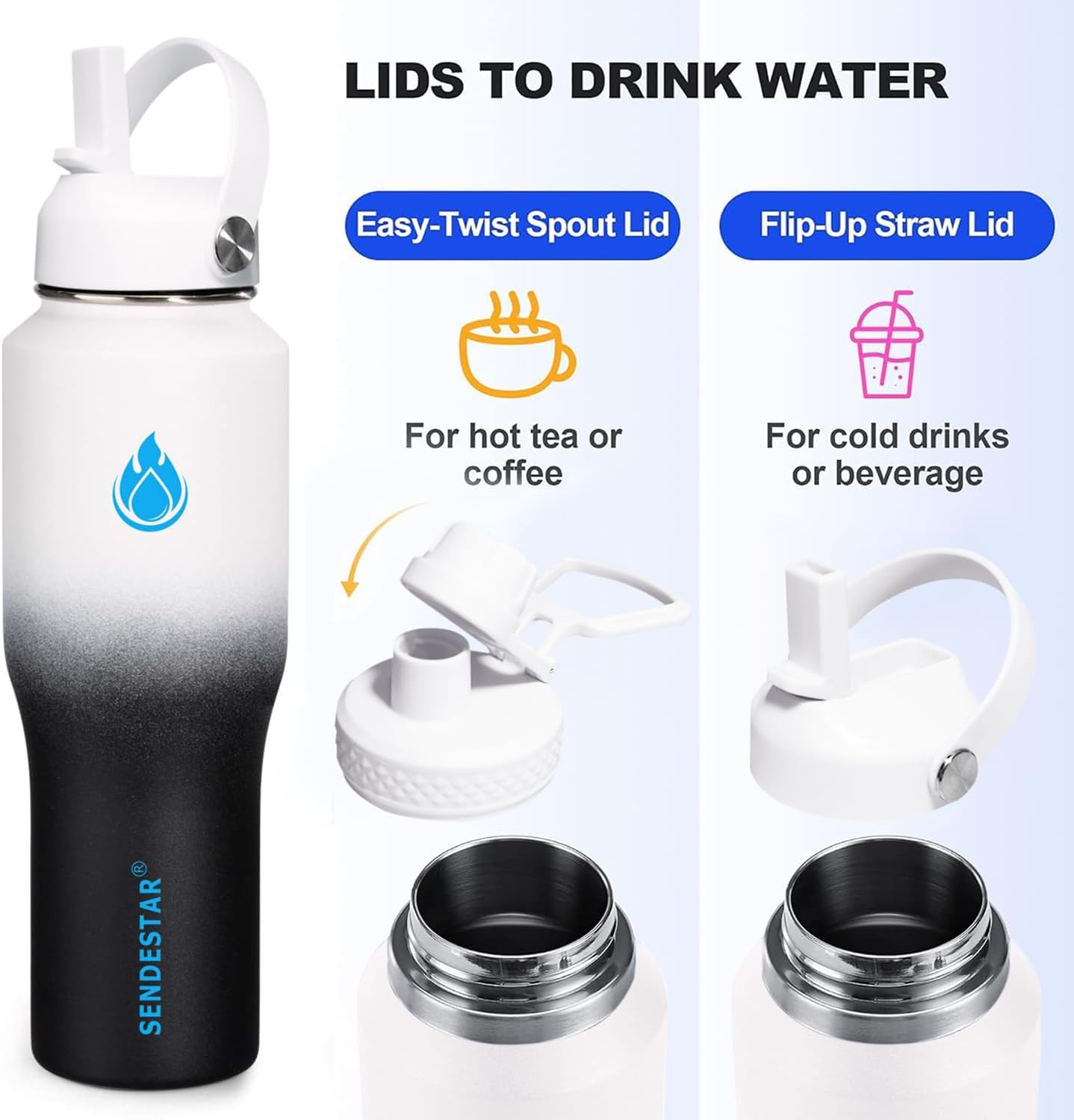 SENDESTAR 32oz Water Bottle Wide Mouth Stainless Steel Vacuum Insulated Double Wall with 2 Straw Lids Fit in Any Car Cup Holder TXIN-32-DN-1