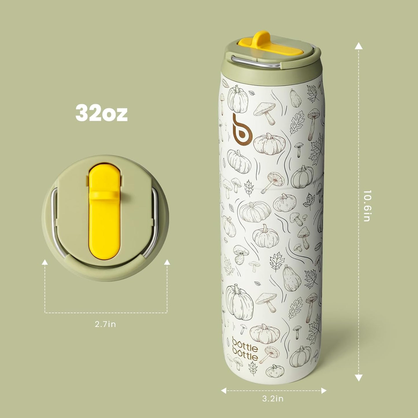 BOTTLE BOTTLE Stainless Steel Water Bottle with Straw Lid and Handle 32 oz Vacuum Insulated Cup for Sports Travel Gym Hiking,Leak-Proof Wide Mouth Water Bottles for Men and Women,pumpkin