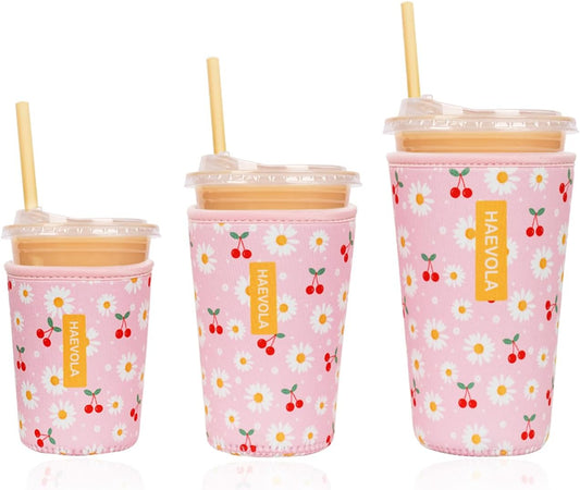 Reusable Insulated Neoprene Iced Coffee Cup Sleeve, Durable Drink Sleeve for Cold Beverages, Beverage Holder for Iced Coffee, Cherry Daisies