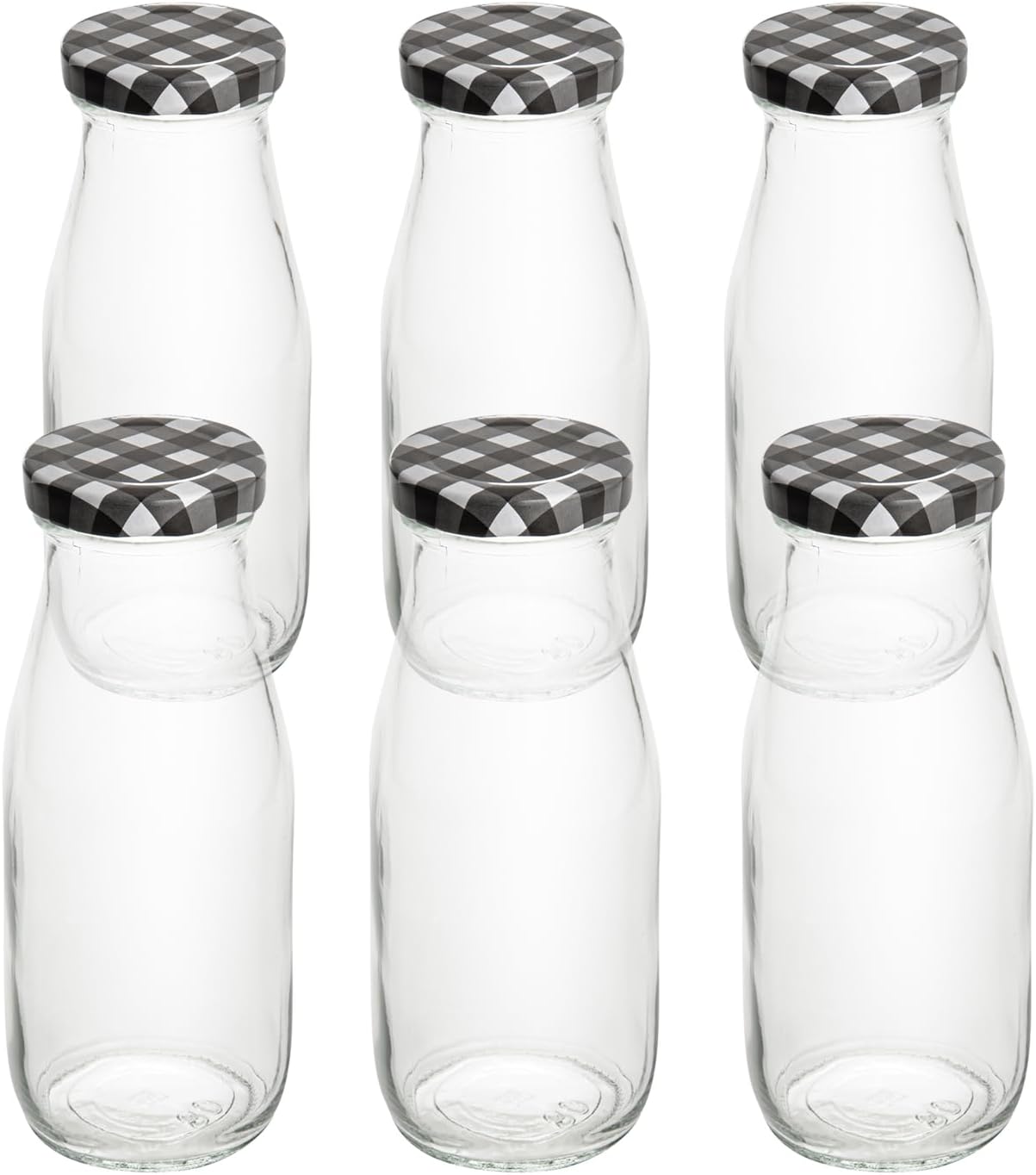 Restaurantware French Countryside 11 Ounce Glass Bottles 10 Durable Juice Bottles - With Black Plaid Lid Dishwashable Clear Glass Countryside Bottles For Hot And Cold Beverages