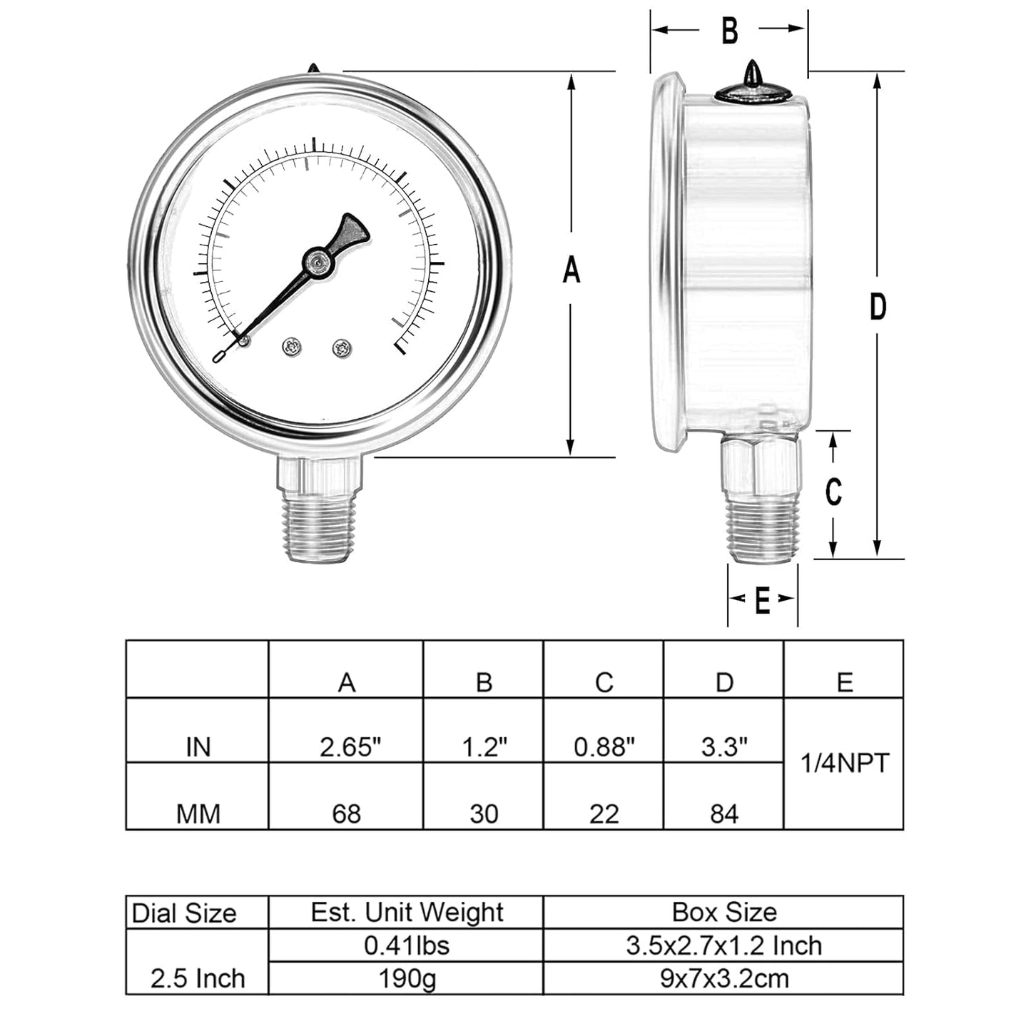 Glycerin Filled Pressure Gauge 160psi/11bar, Stainless Steel case, Brass Inside Construction, 2-1/2" dial, 1/4" NPT Rear Connection.