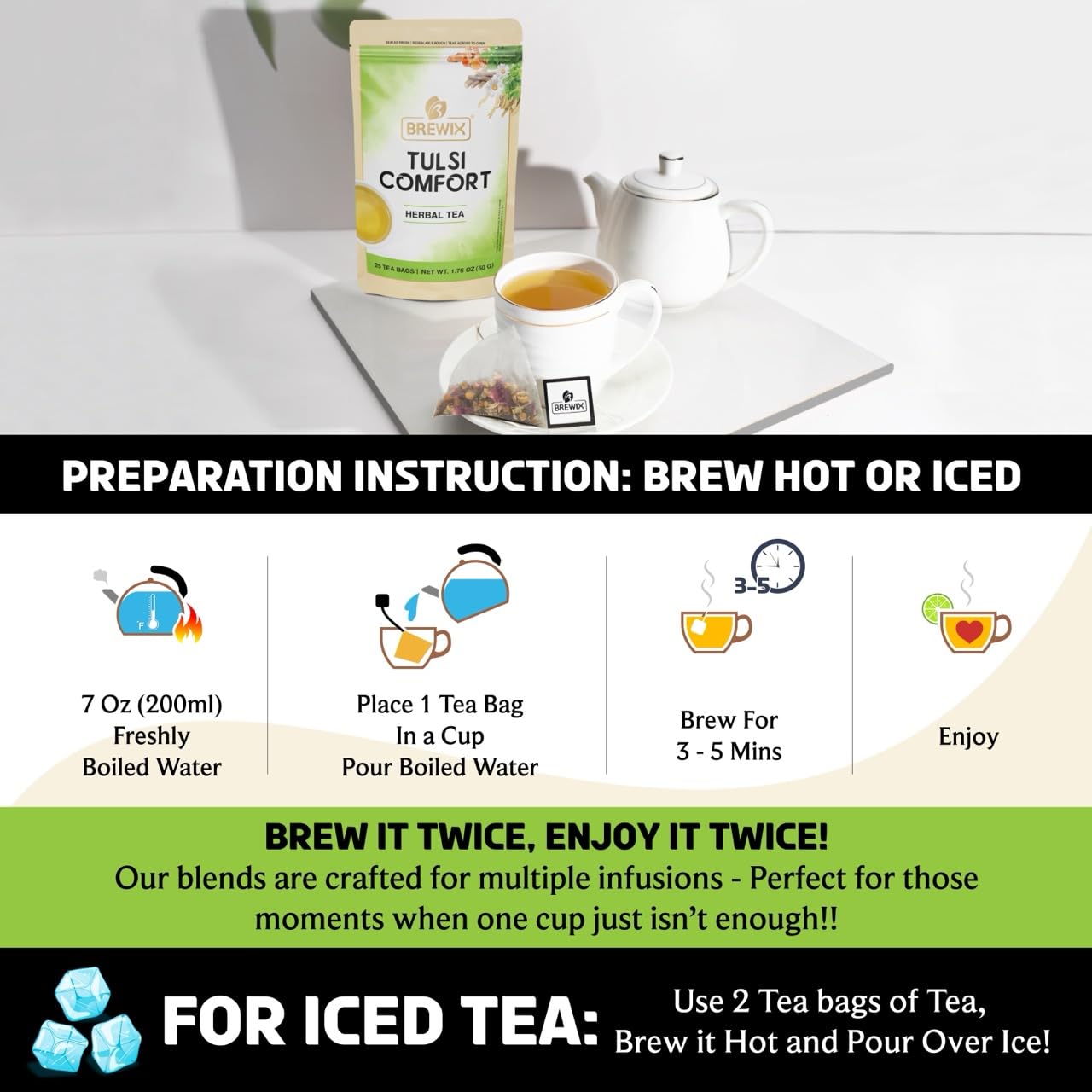 BREWIX, Tulsi Holy Basil Tea Bags (25 Pyramid Bags) | Tulsi Leaves | Holy Basil & Chamomile | Caffeine Free | Herbal Tea Bags | Calming, Fresh and Cool Flavor