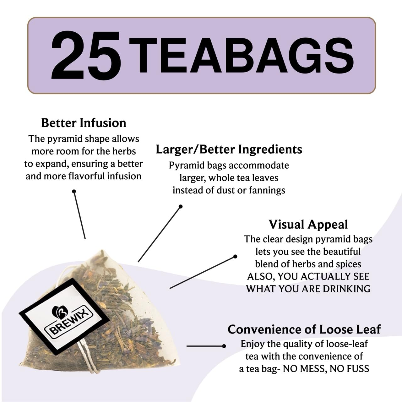 BREWIX, Lavender Mint (25 Pyramid Tea Bags) | Herbal, Caffeine Free, Lavender with Peppermint and Rosemary
