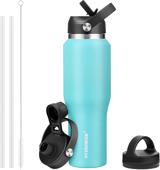 HYDROWION 32oz Stainless Steel Water Bottle(Cold for 48 Hrs, Hot for 24 Hrs), Double Wall Vacuum Insulated Water Bottle with Straw Lid, Spout Lid and Flex Cap, Fit in Any Car Cup Holder, Mint